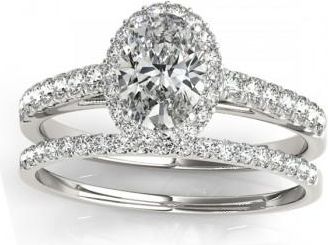Allurez Lab Diamond Accented Halo Oval Shaped Bridal Set 14k White Gold (0.37ct)