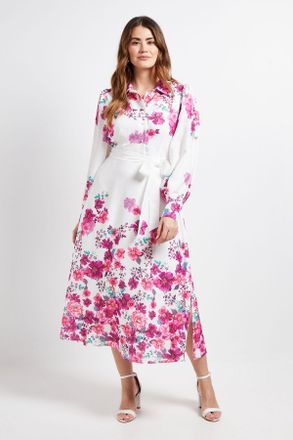 Wallis Womens Floral Belted Midi Shirt Dress - White - Size 14 UK