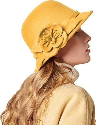 Generic Womens Wool Cloche Hat 1920s Winter Bucket Hat Vintage Church Elegant Flower Vintage Cloche Bucket Winter Hat with Bow Knot and Flower Yellow
