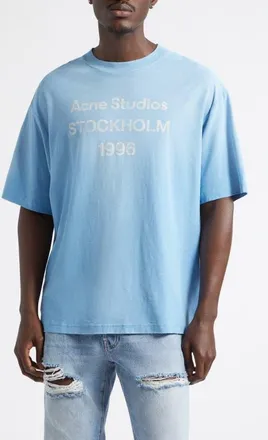 Acne Studios 1996 Logo Distressed Cotton & Hemp Graphic Tee in Cornflower Blue at Nordstrom, Size X-Large