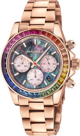 Haurex Womens :Arcobaleno SS/IPRG Case, Multi colored Bezel, Black Dial, Bracelet Watch - Gold - One Size