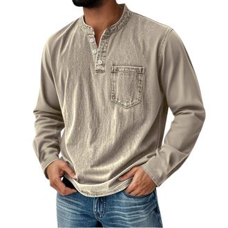 Generic Rugby Shirts for Men Long Sleeve Henley Shirts for Men V-Neck Distressed Stand Collar Ruggy Polo Work Shirt Fall Winter Sweatshirts Casual Vintage Qua