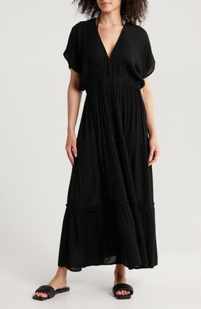Elan Tiered Ruffle Maxi Cover-Up Dress in Black at Nordstrom, Size X-Large
