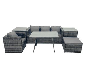 Fimous Outdoor Dining Table Sofa Set with 2 Side Tables Big Footstool in Dark Grey