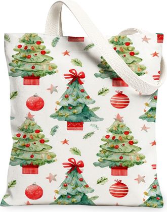 Generic Christmas Tree Canvas Tote Bags, Festive Holiday Reusable Grocery Bags, Vintage Lightweight Washable Shoulder Strap Canvas, White, 13x15 Inch