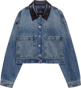 Anine Bing Cropped Denim Jacket with Leather Collar and Boxy Silhouette