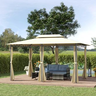 OUTSUNNY 4m x 3(m) Outdoor 2-Tier Steel Frame Gazebo w/ Curtains Outdoor Garden in Beige