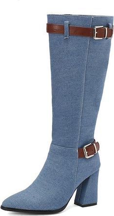 Generic Womens Buckle Strap Fashion Denim Knee High Boots Pointed Toe Block Heel Winter Shoes Pull On with Side Zipper (7.5,Light Blue)