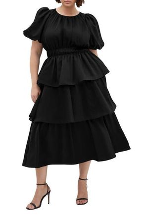 City Chic Heavenly Tiered Puff Sleeve Midi Dress in Black at Nordstrom, Size Xxxs