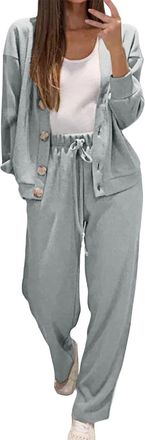 Generic Lounge Wear Sets for Women UK Button Up Full Set Tracksuit Ladies Plus Size Comfortable Loungewear 2 Piece Outfits Long Sleeve V-Neck Shirts Tops and 