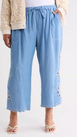 T Tahari Eyelet Lace Trim Drawstring Pants in Washed Denim/Cream at Nordstrom Rack, Size 2 X