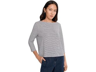 Eileen Fisher Petite Striped Organic Linen Jersey Bateau Neck 3/4 Sleeve Top Womens Clothing White Black : PXS