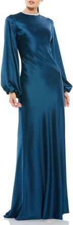 Mac Duggal Petite Beaded High Neck Bishop Sleeve Satin Gown in Sapphire at Nordstrom, Size 12