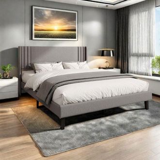 OEM Cama Doble 160x200 Cm Para Adultos Con Somier De Lamas - Lino Gris - Cama 160x200 Cm - Estilo Escandinavo - Estructura De Cama Y Cabecero