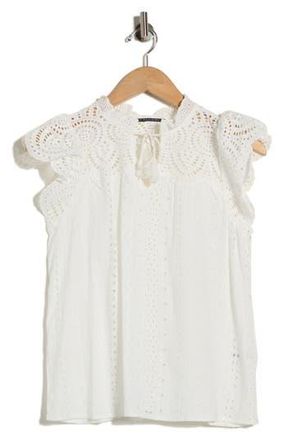 T Tahari Embroidered Eyelet Cap Sleeve Top in White at Nordstrom Rack, Size X-Large