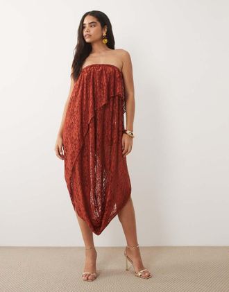 Asos Vestito midi a fascia asimmetrico in pizzo color ruggine con drappeggio e dettaglio intrecciato-Rosso