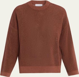 Brunello Cucinelli Metallic Cotton Diamond Stitch Crewneck Sweater