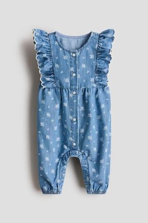 H&M Printed Denim Romper Suit in Denim Blue/floral at Nordstrom, Size 18M