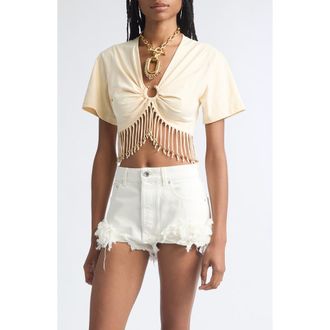Paco Rabanne Pierced Fringe Crop Cotton T-Shirt in Creme Anglaise at Nordstrom, Size X-Small