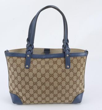 Gucci Blue Brown Leather Canvas Handbag Shoulder Bag Tote Bag (Pre-Owned)
