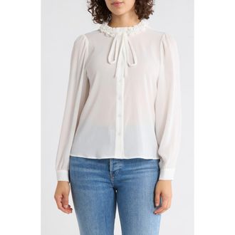 Adrianna Papell Flower Tie Neck Button-Up Shirt in Ivory at Nordstrom Rack, Size X-Large
