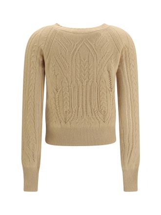 Ermanno Scervino Womens Long Sleeve Cable Knit And Openwork Cashmere Sweater Melange Beige Kashmir-Capra Hircus Kashmir/capra