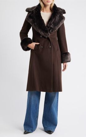 Via Spiga Double Breasted Wool Blend Coat with Faux Fur Trim in Chocolate at Nordstrom, Size Xx-Large