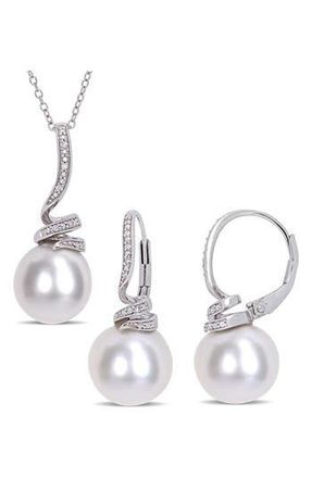 Delmar Cultured Freshwater Pearl & Diamond Necklace & Drop Earrings Set - 0.10ct. in White at Nordstrom Rack