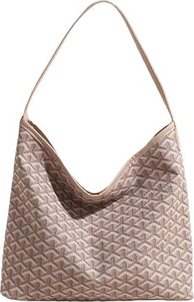 Generic 2026 New Geometric Pattern Hobo Tote Bag Large Capacity Soft Shoulder Bag with brown trim,color blocking Plaid handbag (Khaki)