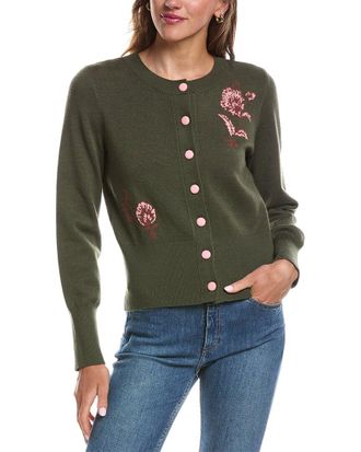 Shelli Segal Crewneck Ribbed Hem Cardigan