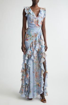 Etro Floral Ruffled Check Jacquard Gown in Print On Pale Blue Base at Nordstrom, Size 38