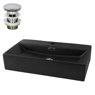 ECD Germany Lavabo cer&aacute;mico negro rectangular con juego de drenaje cromado
