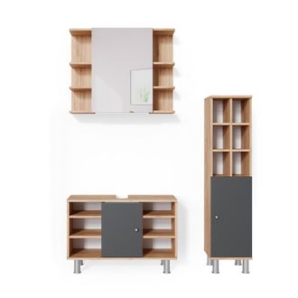 Vicco Conjunto De Muebles De Ba&ntilde;o Fynn, Roble Dorado, 3 Partes, Con Mueble Alto, Vicco
