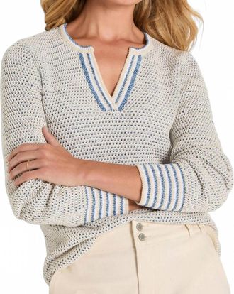Nic+Zoe Tuck Texture Split Neck Sweater In Blue