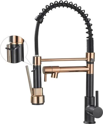 OEM Grifo De Cocina Con Rociador Desplegable De Arco Alto De Un Solo Mango Para Fregadero De Cocina, Color Negro Y Oro Rosa