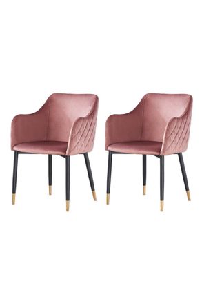 Life Interiors Set of 2 Verona Velvet Dining Chairs with Quilted Back & Black Legs - Modern Accent Chair with Gold Foot Caps in Pink