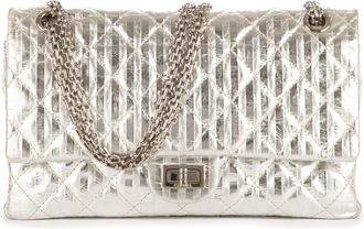 Chanel Pre-owned Womens 2.55 Stripes Medium 226 Double Flap Shoulder Bag - Silver - One Size