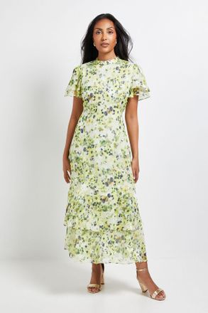 Wallis Womens Petite Floral Burn Out Ruffle Midi Dress - Yellow - Size 20 UK