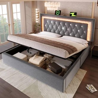 Matteo Grey Velvet Double Bed with LED, USB & Hydraulic Storage