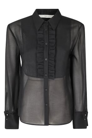 Tela Black Sheer Ruffle Classic-Collar Shirt