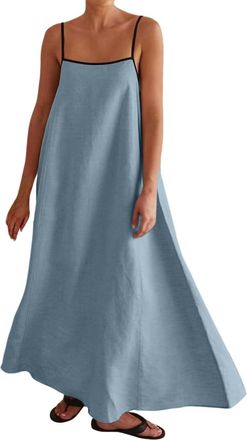 Generic Womens 2025 Summer Linen Maxi Dress Contrast Spaghetti Strap Dress Backless Sleeveless Casual Party Beach Dresses (Blue, M)