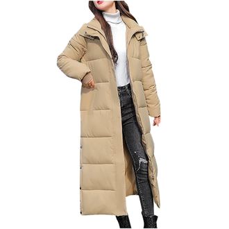 Generic Winter Coats for Women Maxi Long Hooded Puffer Coat Full Length Thickened Down Jacket Plus Size Quilted Padded Jackets Zip Up Overcoats Side Split War