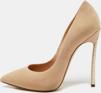 Casadei Beige Suede Pearl Embellished Heel Pointed Toe Pumps