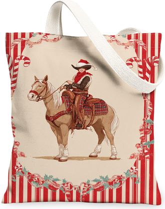 Generic Christmas Cowboy Horse Canvas Tote Bags, Festive Western Design Reusable Grocery Bags, Holiday Lightweight Washable Shoulder Strap Canvas for Travel B