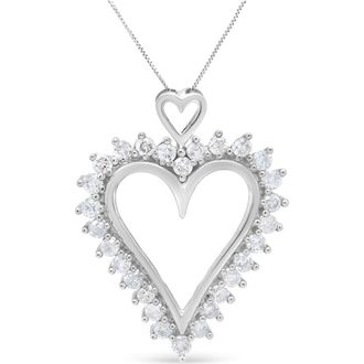 House of Brilliance Silver 1 3/4 Cttw Round Diamond Lined Open Heart Pendant Necklace in White at Nordstrom