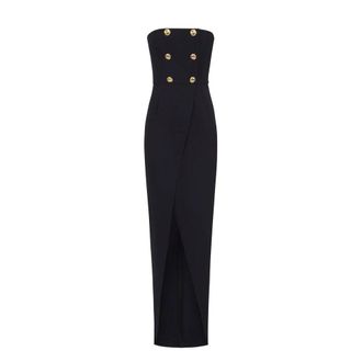Elisabetta Franchi Red Carpet-jurk van lichtgewicht cr&ecirc;pestof met knopen - Dames - Avondkleed - Zwart - M - Polyester - Kleedjes