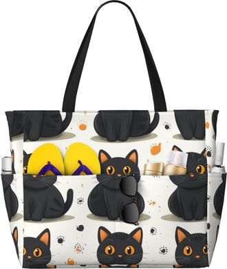 Generic Cute Cat Print Large Beach Bag Foldable Travel Shoulder Tote Bag With Pocket For Weekender Pool Vacation