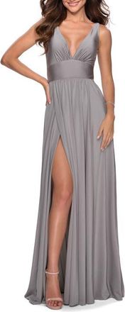 La Femme Empire Waist Gown with Deep V Neckline in Silver at Nordstrom, Size 00