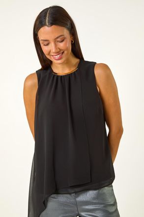 Roman Neck Trim Asymmetric Woven Top