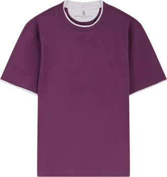 Brunello Cucinelli Tops, Heren, Paars, S, Katoen, T-shirt met faux-layering